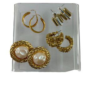 Vintage Lot of 4 Gold Tone Pierced Earrings Faux Pearl Textured Missing Backs